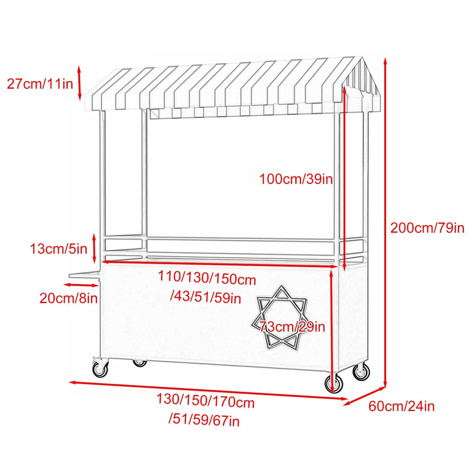 Mobiler Verkaufsstand mit Rädern, Mobiler Verkaufswagen Imbisswagen mit Überdachung und Griff für Märkte, Straßen und Veranstaltungen(Orange,170cm/67in)