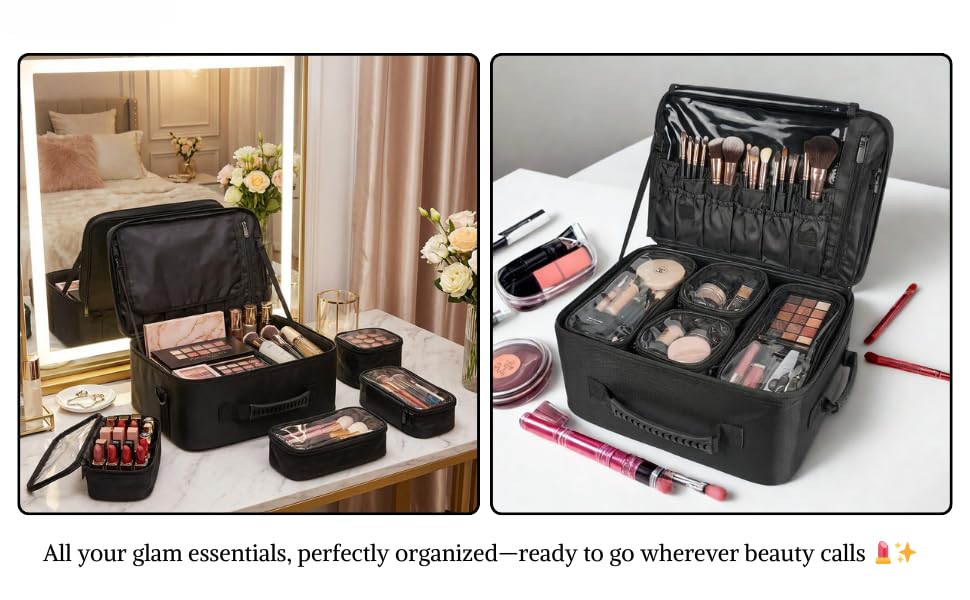 Image of Adson Large Makeup Bag 3 Layers Professional Train Cosmetic Bag Makeup Organizer Case Artist Storage Brush Box with Adjustable Dividers and Strap for Makeup Accessories (Metallic Black)