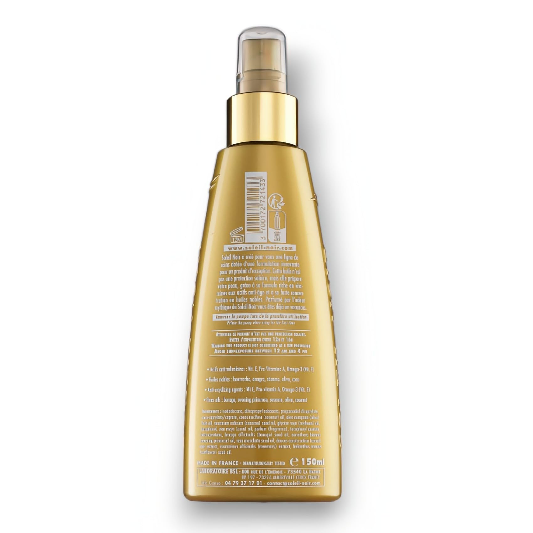 Soleil Noir - Huile Sèche Ultra-Bronzante Vitaminée sans Filtre - Peaux Très Mates et Bronzées - Actifs Anti-Âge et Vitamines - Fabrication Française - Flacon Pompe, 150 ml