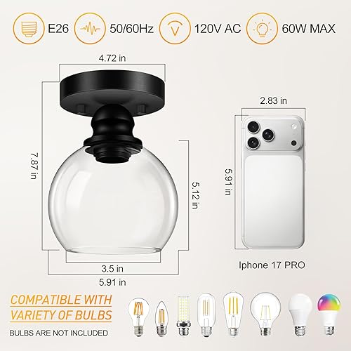 Miniatura 4 de Industrial Semi Flush Mount Ceiling Light, 5.91 Inch Clear Glass Ceiling Lamp Shade, Matte Black Closet Lights, Garage Ceiling Light Fixture for