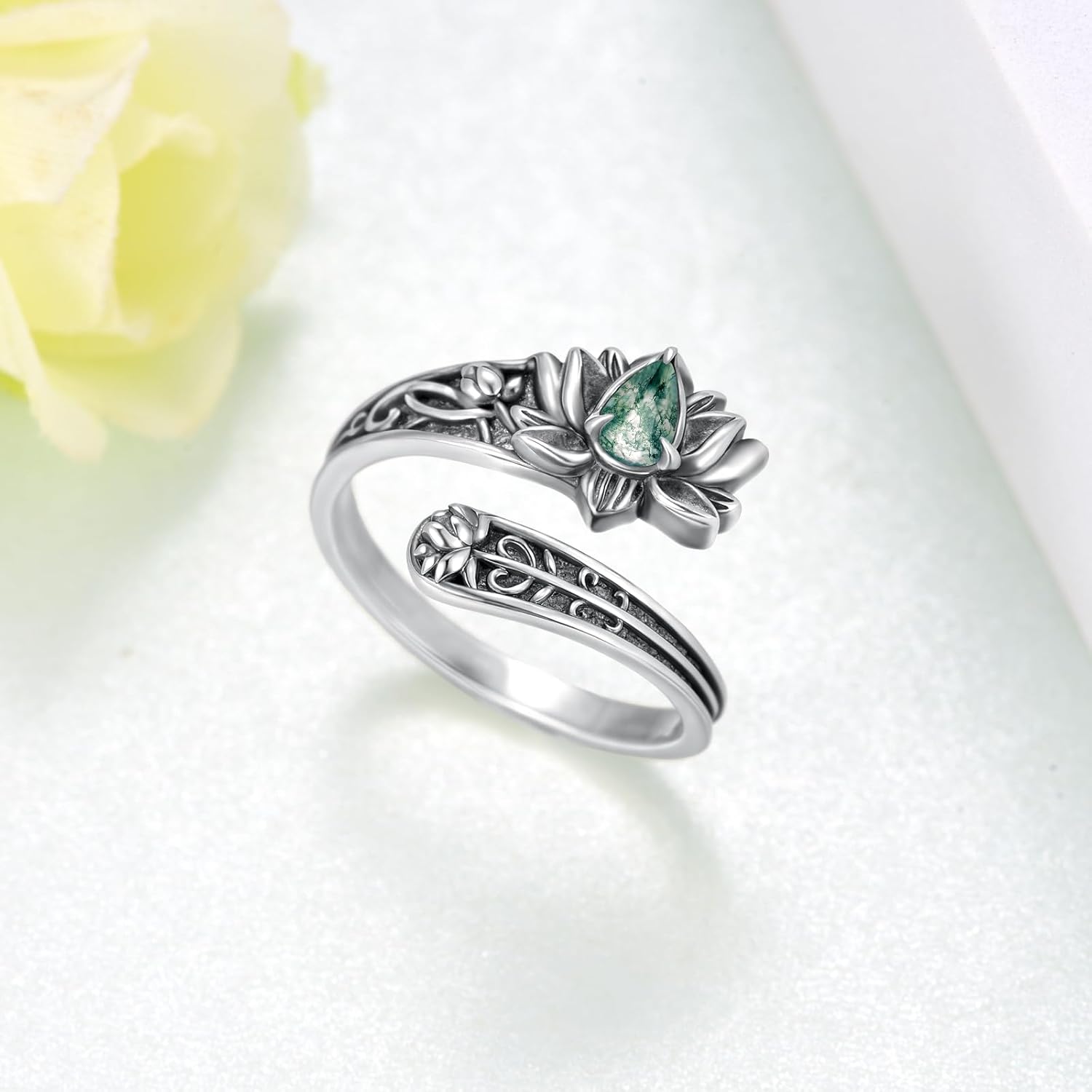 Spoon Rings 925 Sterling Silver Moss Agate Jewelry Lotus Flower Decor Thumb Ring Flower Gifts for Women