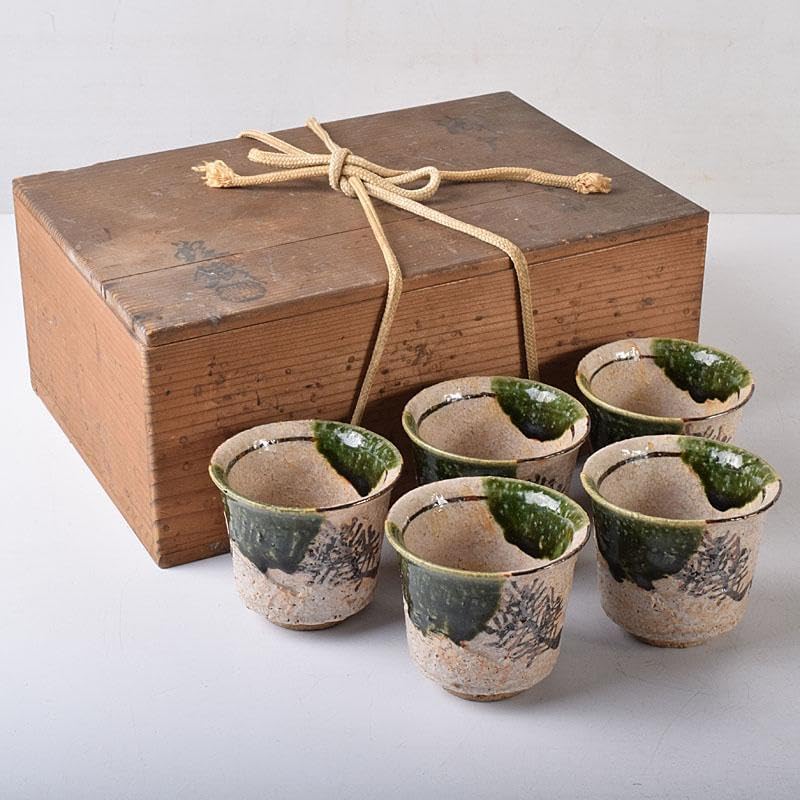 山口錠鐵作 瀬戸焼 絵織部 一口碗 五客 共箱 V R8412 - ARGESU.COM