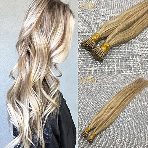 Googoo 16 inches Fusion Hair Extensions Highlighted Light Blonde with Golden Blonde Ombre I Tip Remy Stick Hair Extension 50 Strands 1g Per Strand