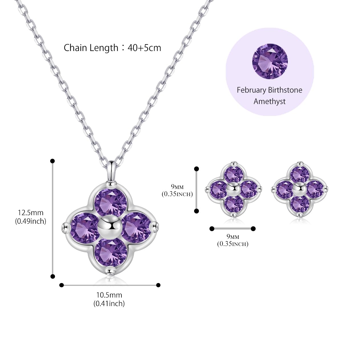 Amethyst Schmuckset Silber 925 Damen Kleeblatt Anhänger 45cm | Hypoallergen,Amethyst Halskette und Ohrringe Set,Februar Geburtsstein,Valentinstagsgeschenke,Tägliches Tragen,5A Zirkon