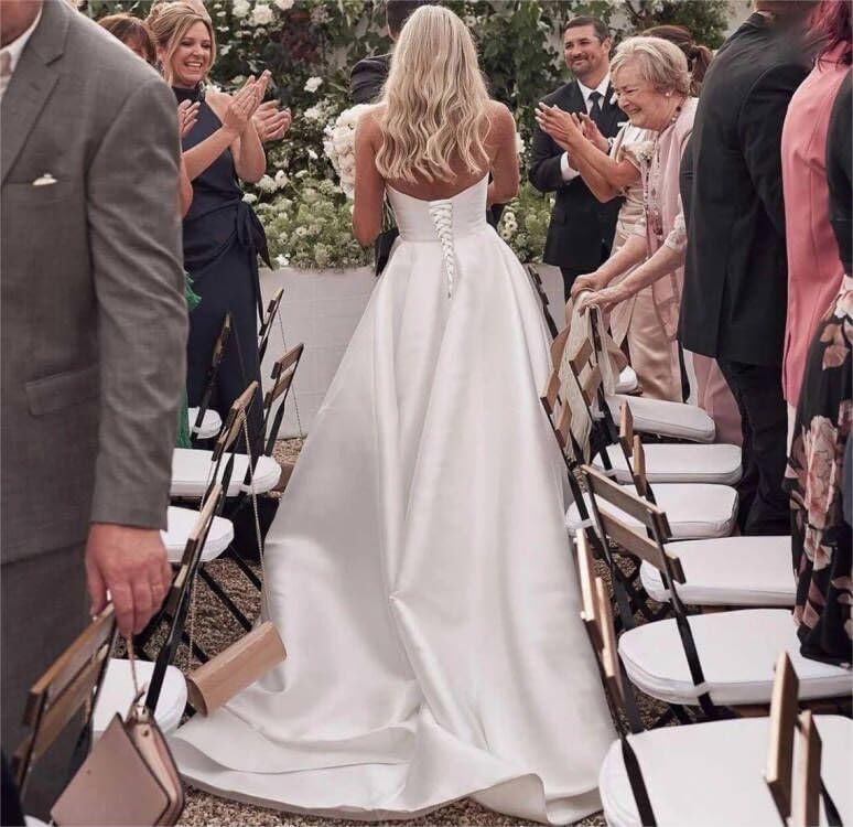 GUKARLEED Women's Off The Shoulder Wedding Dresses for Bride with Trains Strapless Formal Bridal Gowns Long Satin Prom Dress - Image 5