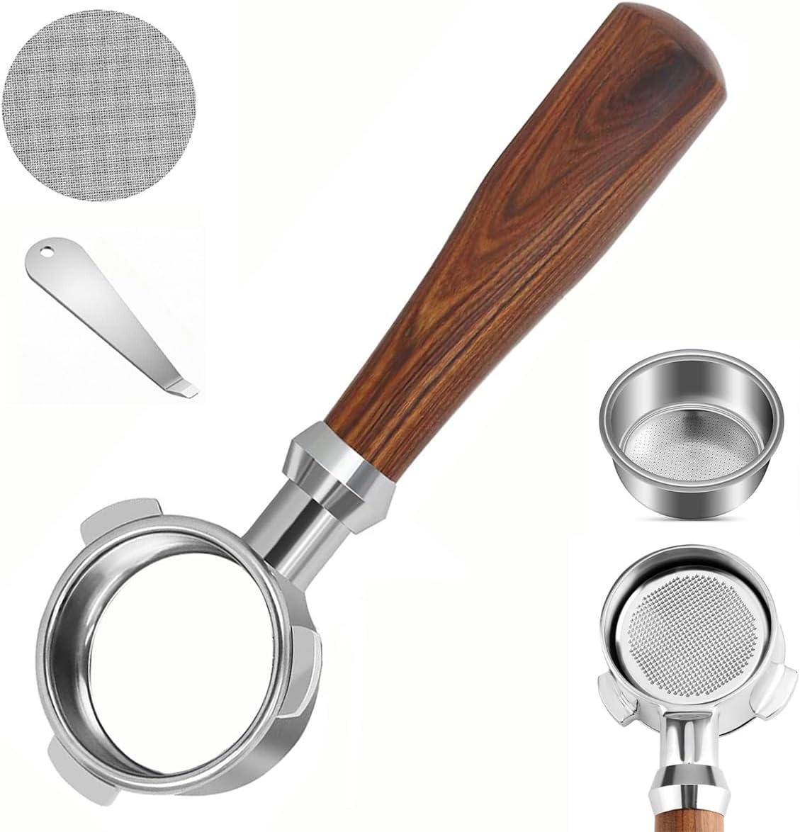 54mm Bottomless Portafilter Compatible with Breville BES870/878/880/876 Series Barista Espresso Pro, 3 Ears Naked Portafilter, Rosewood Handle, Includes 18–20g Filter Basket and Removal Tool