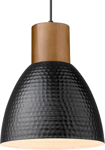 ELYONA Hammered Pendant Light, 10.2 Industrial Hanging Lamp with Solid Wood & Metal Shade, Modern Pendant Light Fixtures for Kitchen Island, Bar, Farmhouse Dining Room, Bedroom, Living Room, Black