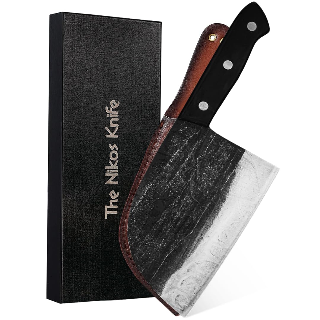 The Nikos Knife Serbian Chef Knife - 6.7 Inch Hand-Forged High Carbon Steel Full Tang Butcher Knife with Wood Handle - Razor Sharp Cooking Knife for Kitchen, Outdoor, Camping, Leather Sheath Included