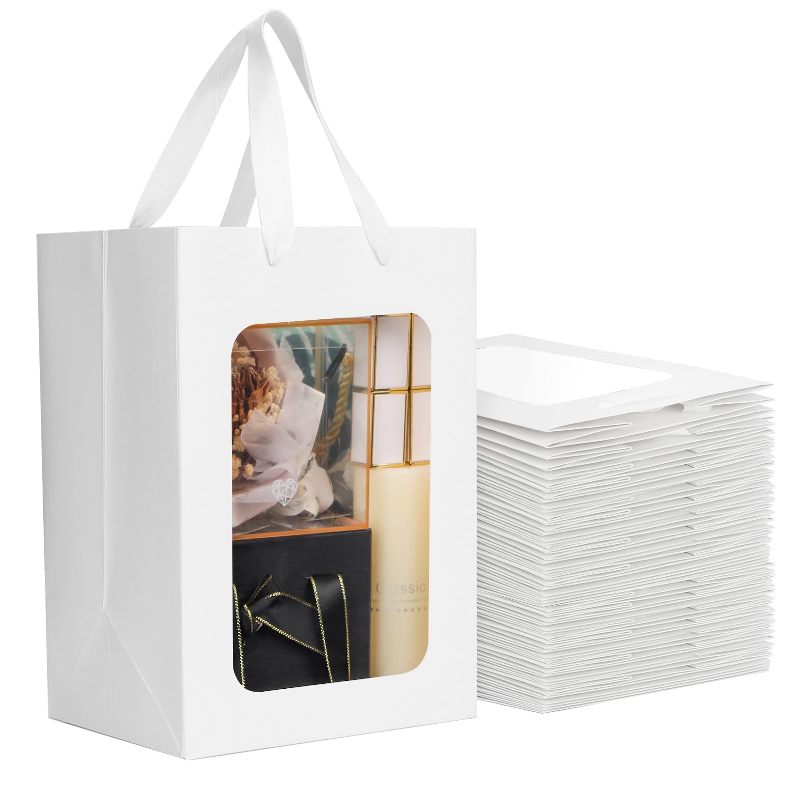 EUSOAR Sacchetti Regalo Bianco - 50 Pack Sacchetti di Carta con Finestra - 20x16x30cm Buste Carta con Manico - 230GSM Busta Regalo Compleanno - Sacchetti Trasparenti Festa Shopper
