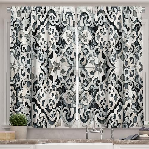 Ambesonne Victorian Kitchen Curtains, Medieval Curlicue Leaves Pattern Surreal Shapes Print with Muted Tones, Window Drapes 2 Panel Set for Kitchen Cafe Decor, 55" x 39", Dark Blue Grey and Dimgray