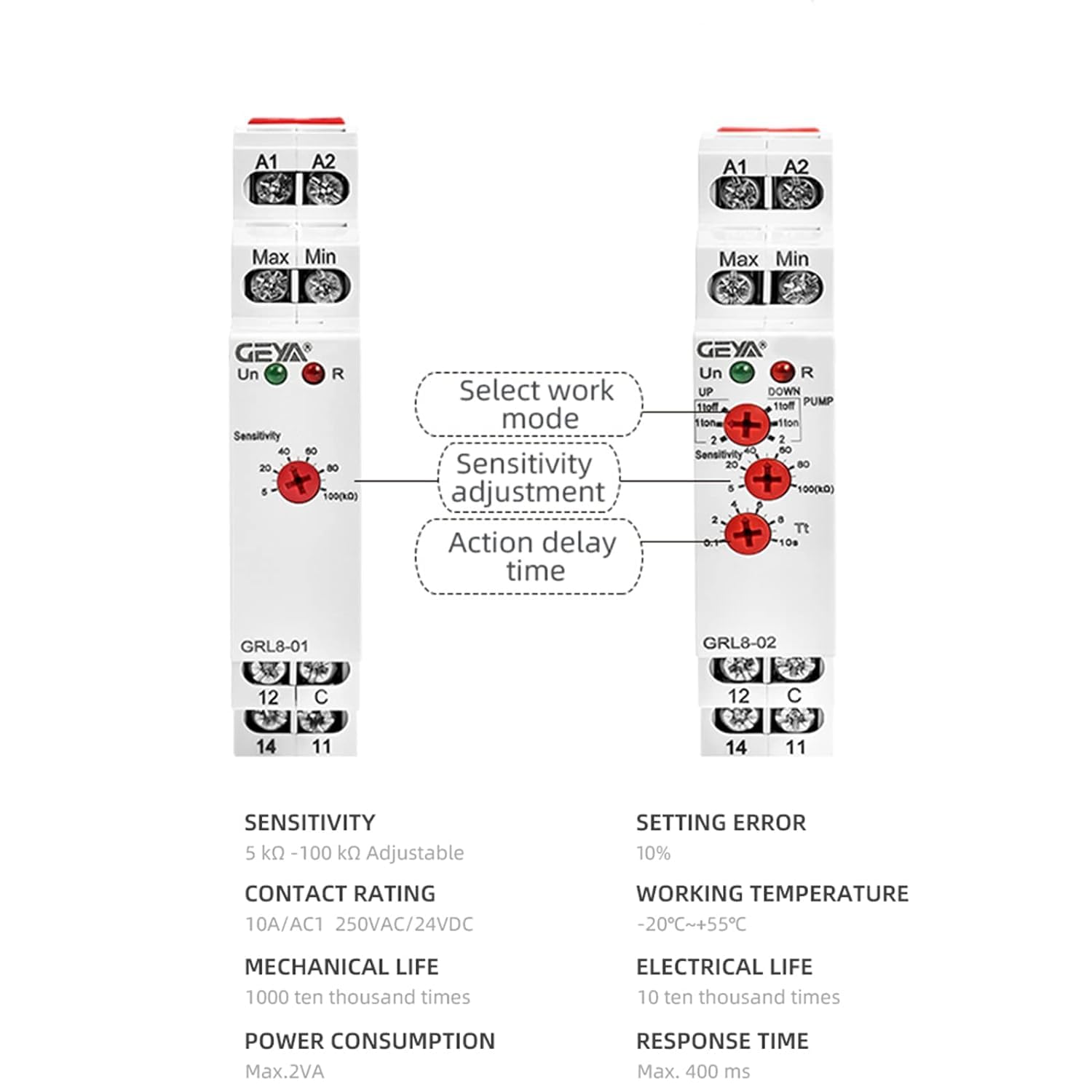 GEYA GRL8-01 Relais de contrôle de minuterie liquide 1SPDT 10A CA/CC 24V-240V avec capteur électronique