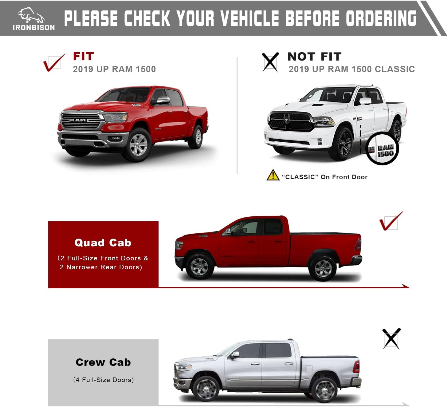 IRONBISON Running Boards Side Steps Compatible with 2019-2026 Dodge RAM 1500 Quad Cab (Exclude 2019-2024 Classic Model) 5” Pickup Truck Drop Steps Nerf Bars Fine Texture Black