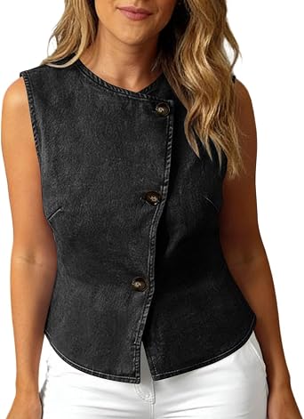 Womens Denim Vest Sleeveless Blouses Fashion Button Down Shirts Casual Comfy Slim Fit Tank Tops Jean Tees