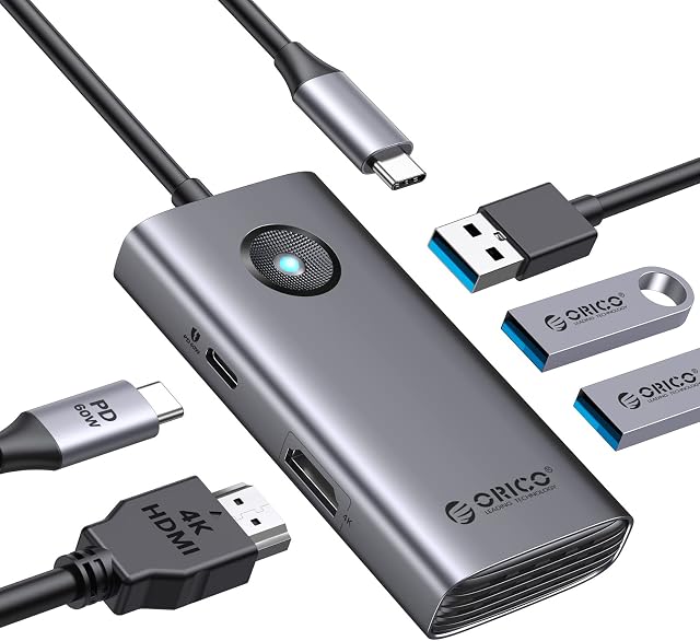 ORICO Docking Station, 5-in-1 USB C HUB with 4K HDMI, 60W Power Delivery, USB 3.0 5Gbps and 2 USB 2.0 Data Ports Multiport Type C Adapter for MacBook Air, MacBook Pro, XPS, and More