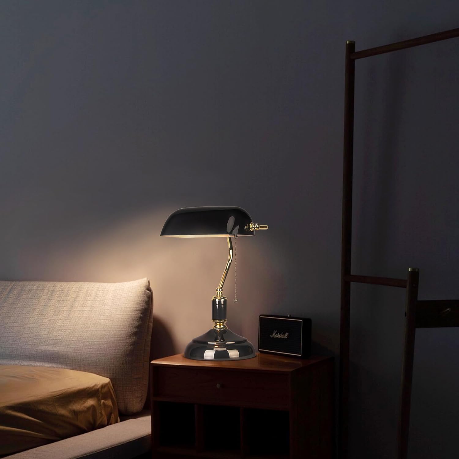 FIRVRE Bankers Desk Lamp with Pull Chain Switch Plug in Fixture, Black Glass Shade Desk Lamps, Golden and Black E26 Base, Traditional Library Lamp for Office,Piano,Study Room