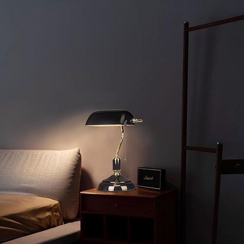 Miniatura 7 de FIRVRE Bankers - Lámpara de escritorio con interruptor de cadena de tracción, lámpara de escritorio con pantalla de vidrio negro, base E26 dorada y