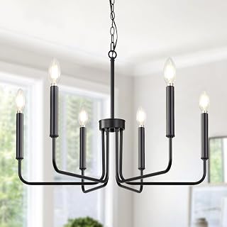 Yunnix Black Chandelier Rustic Farmhouse Hanging Chandeliers with Chain Dining Room Kitchen Over Table Pendant Candle Light Adjustable Height, Living Room Bedroom, Foyer Entryway