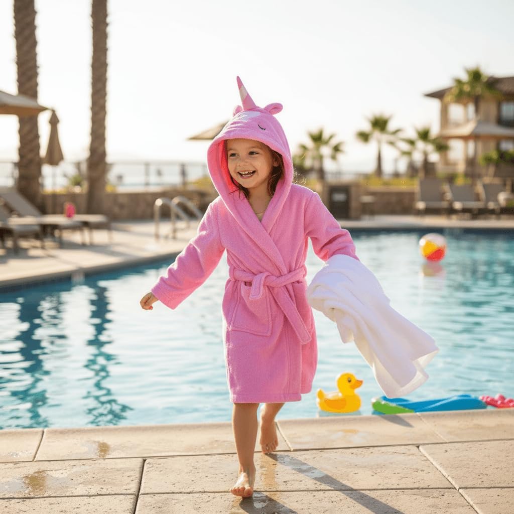 BAGNO MILANO Kids Organic Turkish Cotton Hooded Beach Cover-Up Towel, GOTS Certified, for Boys and Girls (Pink Unicorn, 7-8 Years)
