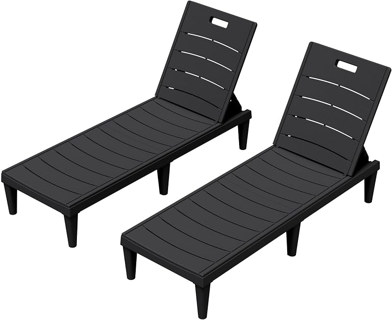 2-Pack Adjustable Chaise Lounges, Black | 5-Pos Recline, Waterproof PP, UV-Resist, Easy-Clean, for Pool/Patio/Beach, Tool-Free
