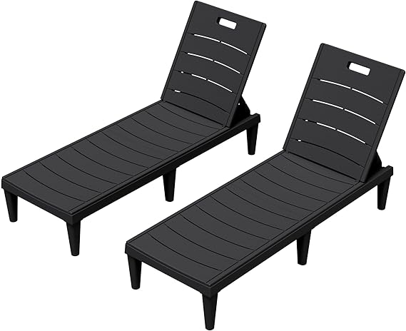 Greesum Outdoor Chaise Lounge Chairs Set of 2 with 5-Position Adjustable Backrest, Waterproof PP Sun Loungers for Garden Pool Beach Patio Deck Sunbathing, Black