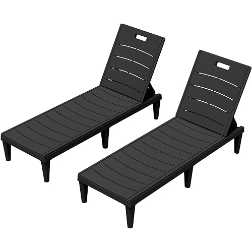 Greesum 2-Pack Adjustable Chaise Lounges, Black | 5-Pos Recline, Waterproof PP, UV-Resist, Easy-Clean, for Pool/Patio/Beach, Tool-Free