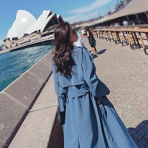 Cfsncm Spring Autumn Women Trench Coat Long Casual Plus Size With Belt Blue Overcoat Cloak Female Windbreaker (Color : Blue, Size : S Code) #TOP7