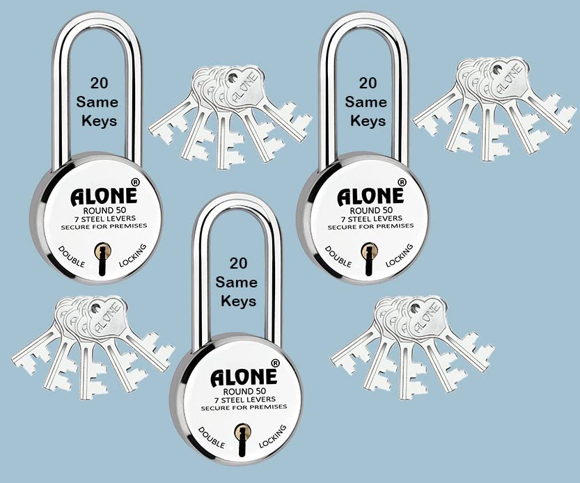 Alone Round Padlock Small Size 50 mm 3 Padlocks 20 Same Keys Long Shackle Double Locking | Padlocks for Home Door Grill gate Shop Shutter, Chrome Finish Rust Free (Pack 3)-image-25