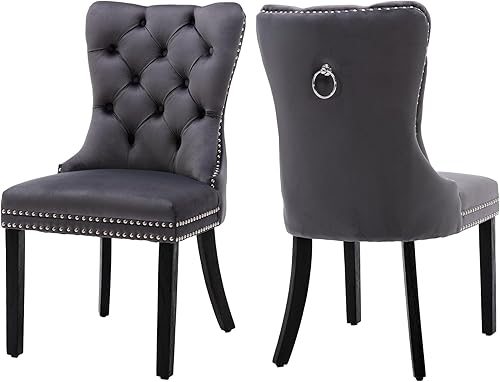 Miniatura 44 de Nikki Collection - Juego de 6 sillas de comedor de terciopelo con patas de madera y anillo de tracción, sillas laterales de lujo con ribete de Negro