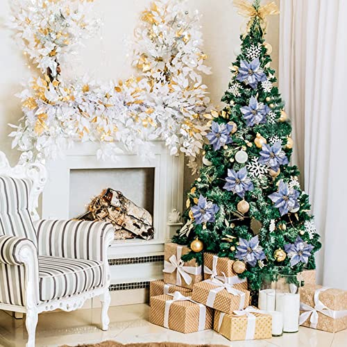 Crazy Night 12Pcs 8.7Inch Blue Glitter Poinsettia Artificial Flowers,Christmas Tree Decorations,Wedding Xmas New Year Wreath Ornaments #TOP2