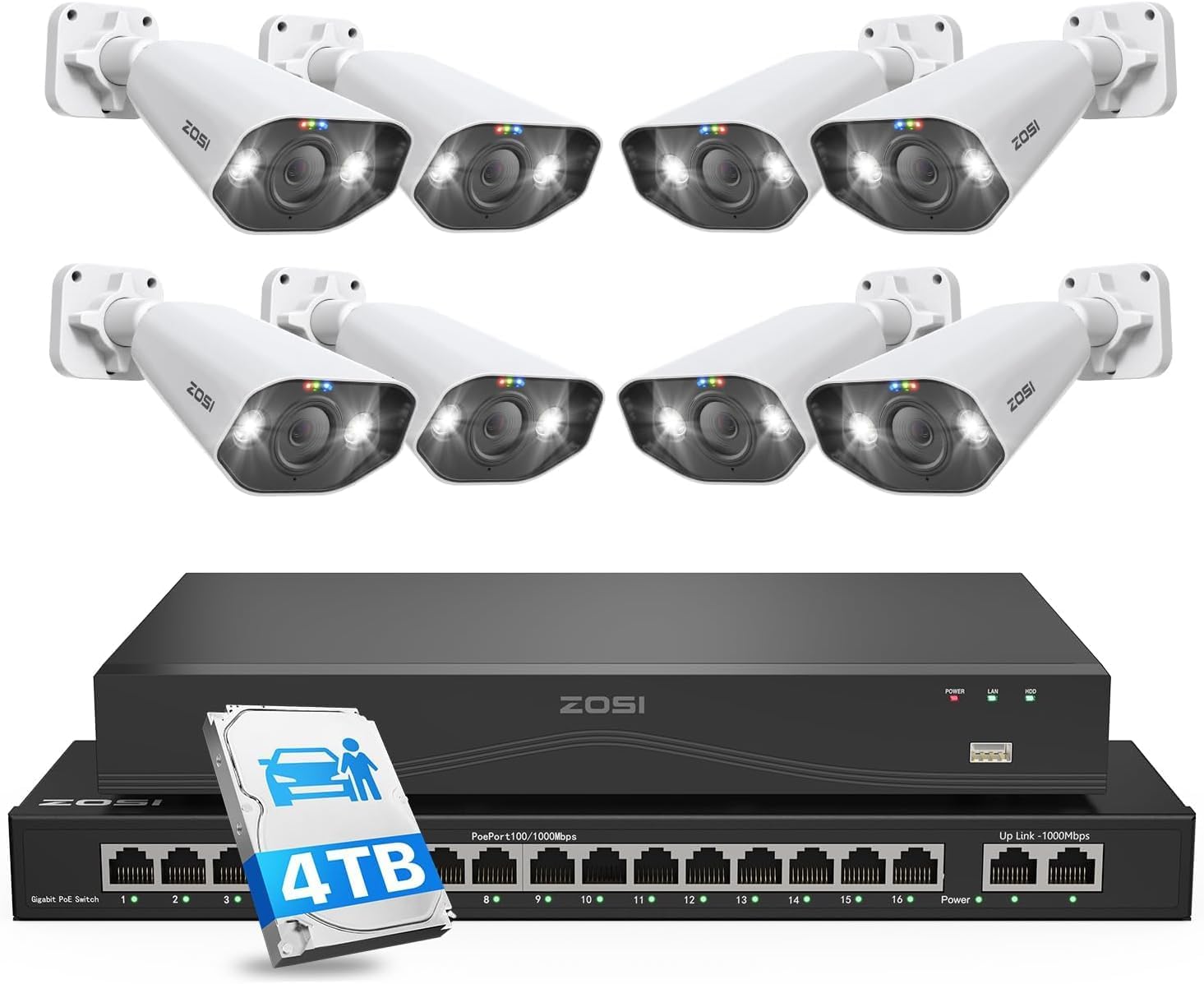 ZOSI Complete 8 Camera 4K PoE Security System Kit with 16 Port Switch & 4TB HDD, 8pcs Outdoor CCTV Cameras with Spotlights, Person/Vehicle Detection, H.265+ 8CH NVR, Plug and Play.