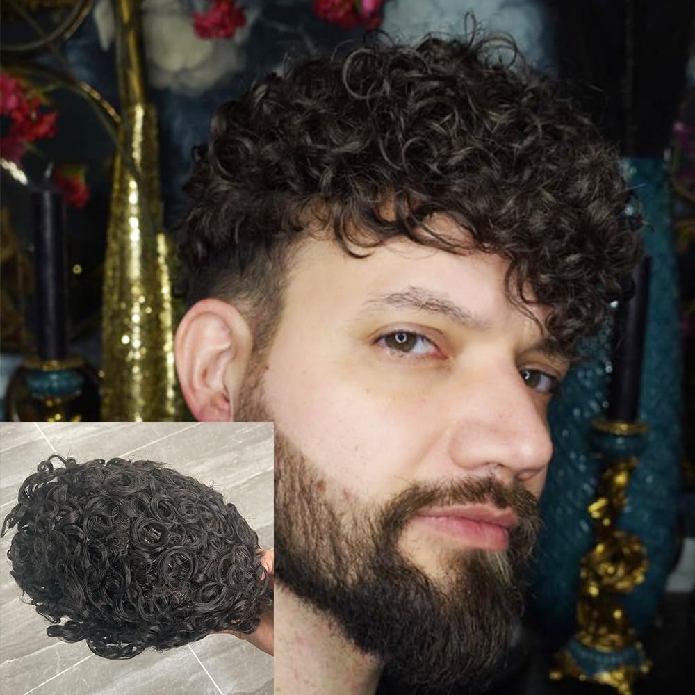 SIMBEAUTY Indian Remy Human Hair Curl Toupee 10x8inch for Men with Men Hair System Replacement Wig (#3 (Dark Brown) 20mm Curl)