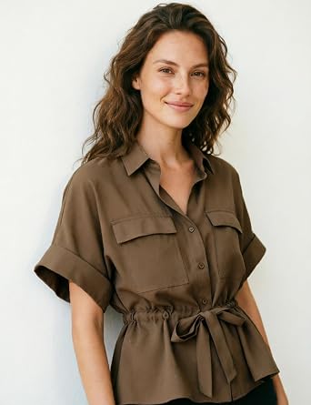 Womens Button Down Blouse Dressy Casual Tops for Women Short Sleeve Peplum Blouses Work Shirts