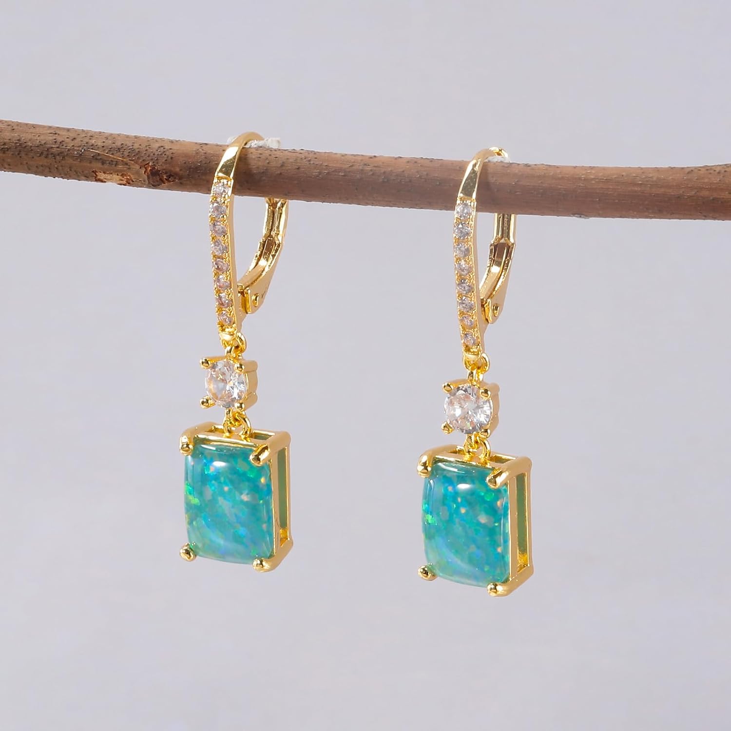 CiNily Rectangular Cut-Opal Earrings for Women Trendy Leverback Drop Earrings Hypoallergenic, Pendant Earrings 14K Gold Plated Hanging Lever Earrings Big Opal Hoops Fashion Jewelry Gifts for Sensitive Ears - Image 5
