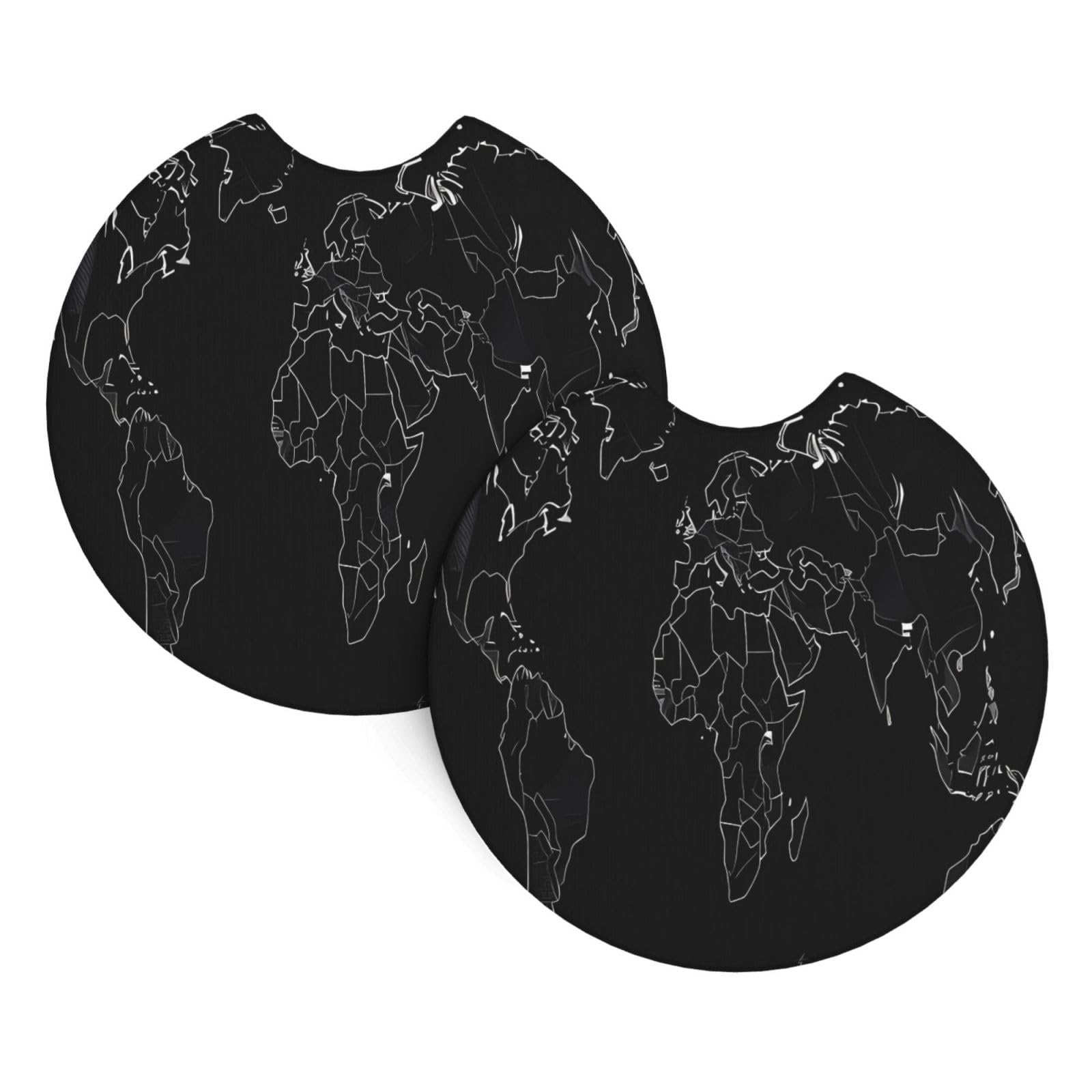 2 Pack Car Coaster for Cup Holders Black World Map Car Cup Coaster 2.7" Neoprene Non-Slip Automotive Cup Mat Universal Auto Car Interior Accessories for Women Men Cup Pad