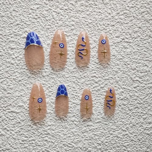 Image of Snake Press on Nails Medium Almond Fake Nails Blue French Tip False Nail with Silver Line Design Star Glue on Nails Artificial Acrylic Nail Full Cover Nude Stick on Nail for Women Manicure 24Pcs