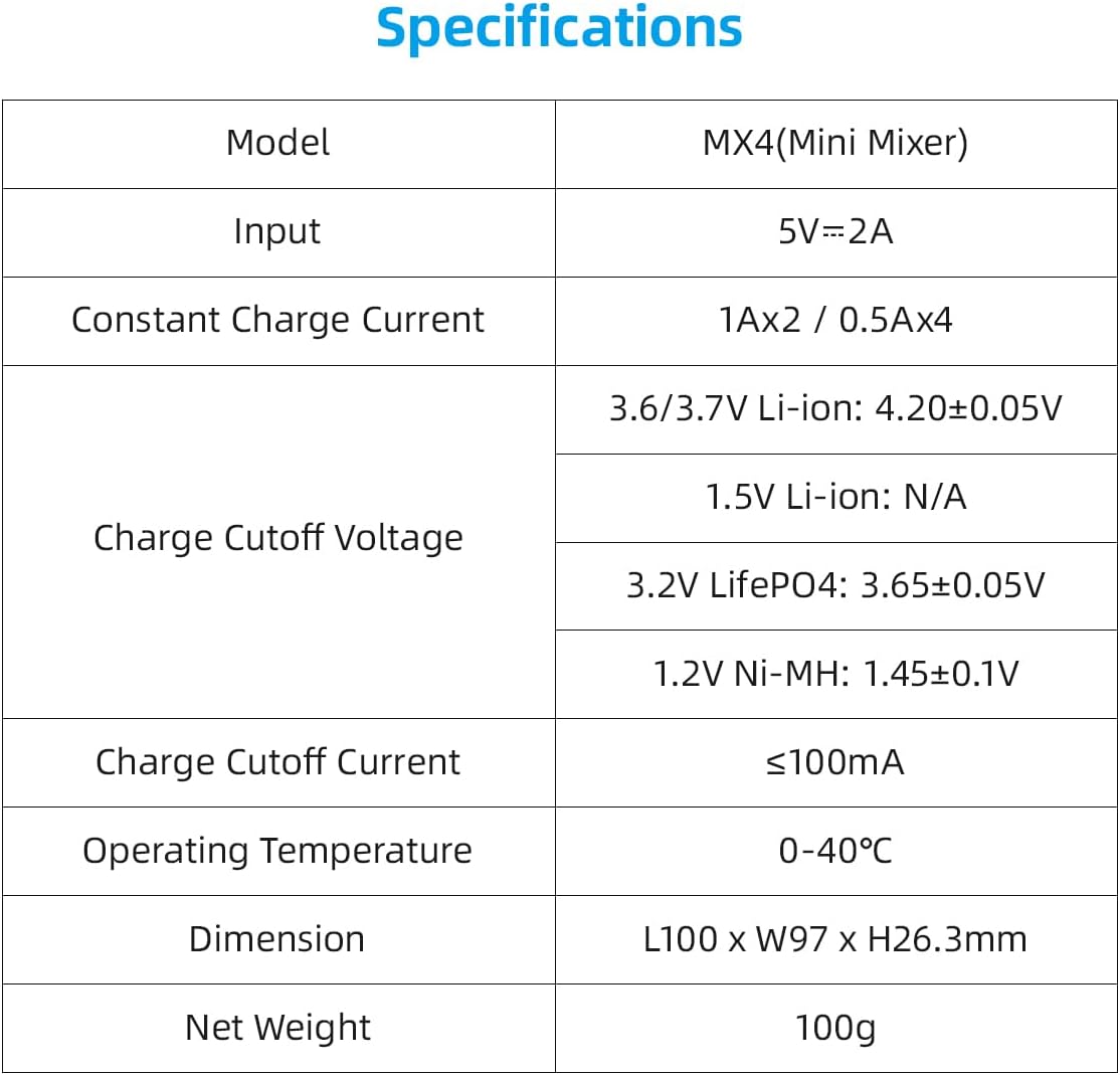 XTAR MX4 Specifications Table