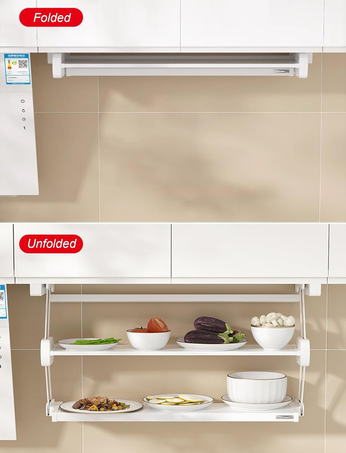 Pull Down Folding Shelf For Kitchen Cabinet - 2 Tier Under Cabinet Organizer, Holds Up To 22lbs, Cabinet Depth >8.3inch, Space-Saving Storage Solution (D8.3xh17.6 W23.2)