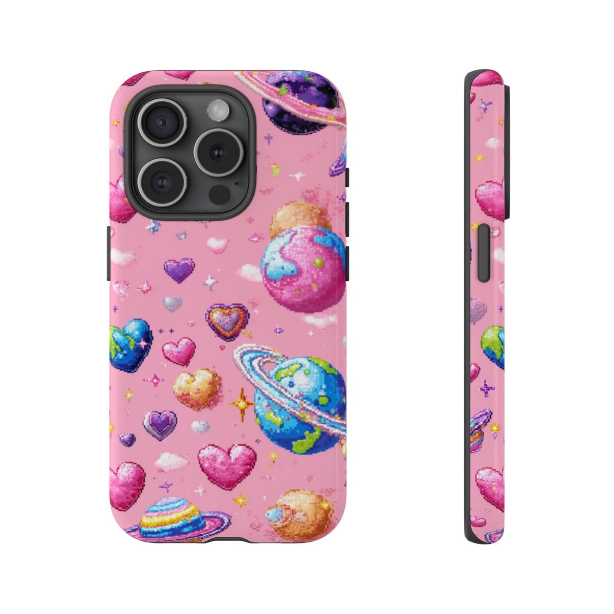 Coque Pixel Art cœurs planètes iPhone 15 Pro pour look urbain branché - 4