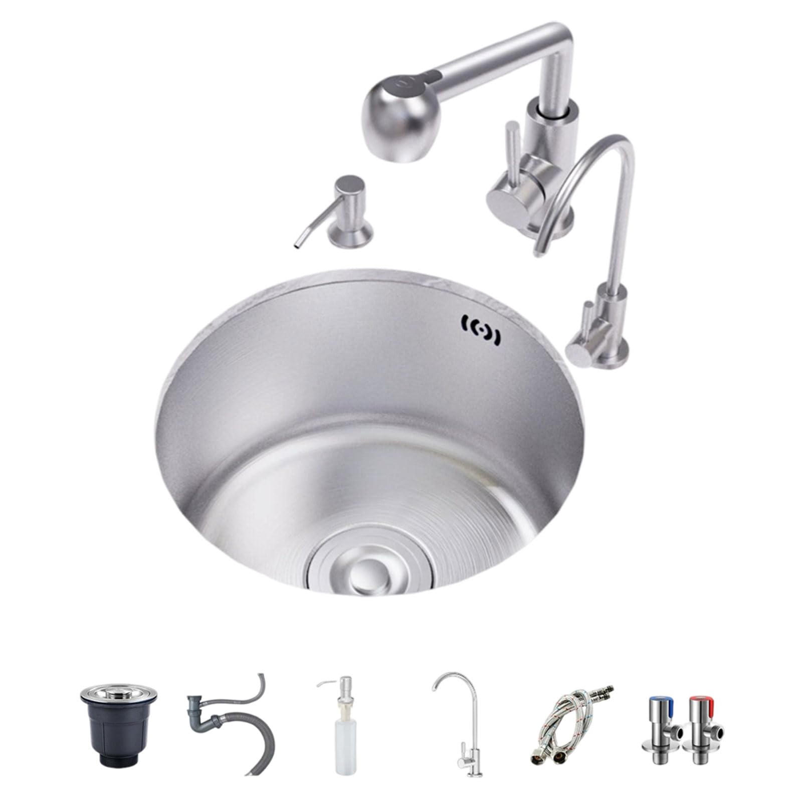 WBJGUOD Kitchen Sink Round Undermount/Topmount Workstation Stainless Steel with Pull-Out Faucet Silent Operation for Caravans, Kitchens, Dining Rooms and Bars