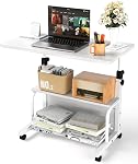 Portable Rolling Desk on Wheels Small Standing Desk Adjustable Height Desks with Wheels for Small Spaces, 32" Computer Desk with Storage Shelves for Home Office Study,Rustic