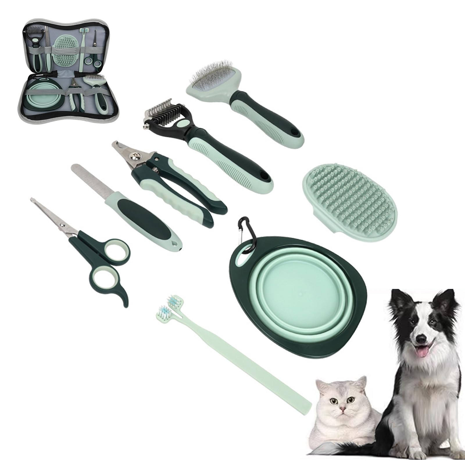 8-in-1 Pet Grooming Kit for Dogs & Cats - Includes Slicker Brush, Nail Clippers, Comb, Scissors, Toothbrush & Collapsible Bowl - Deshedding, Hair