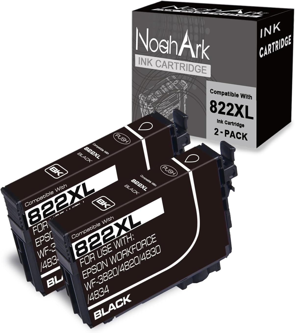 NoahArk 2 Packs 822XL Remanufactured Ink Cartridges Replacement for Epson 822 822XL T822 T822XL High Yield Ink for Workforce Pro WF-3820 WF-4820 WF-4830 WF-4833 WF-4834 Printer (2 Black)