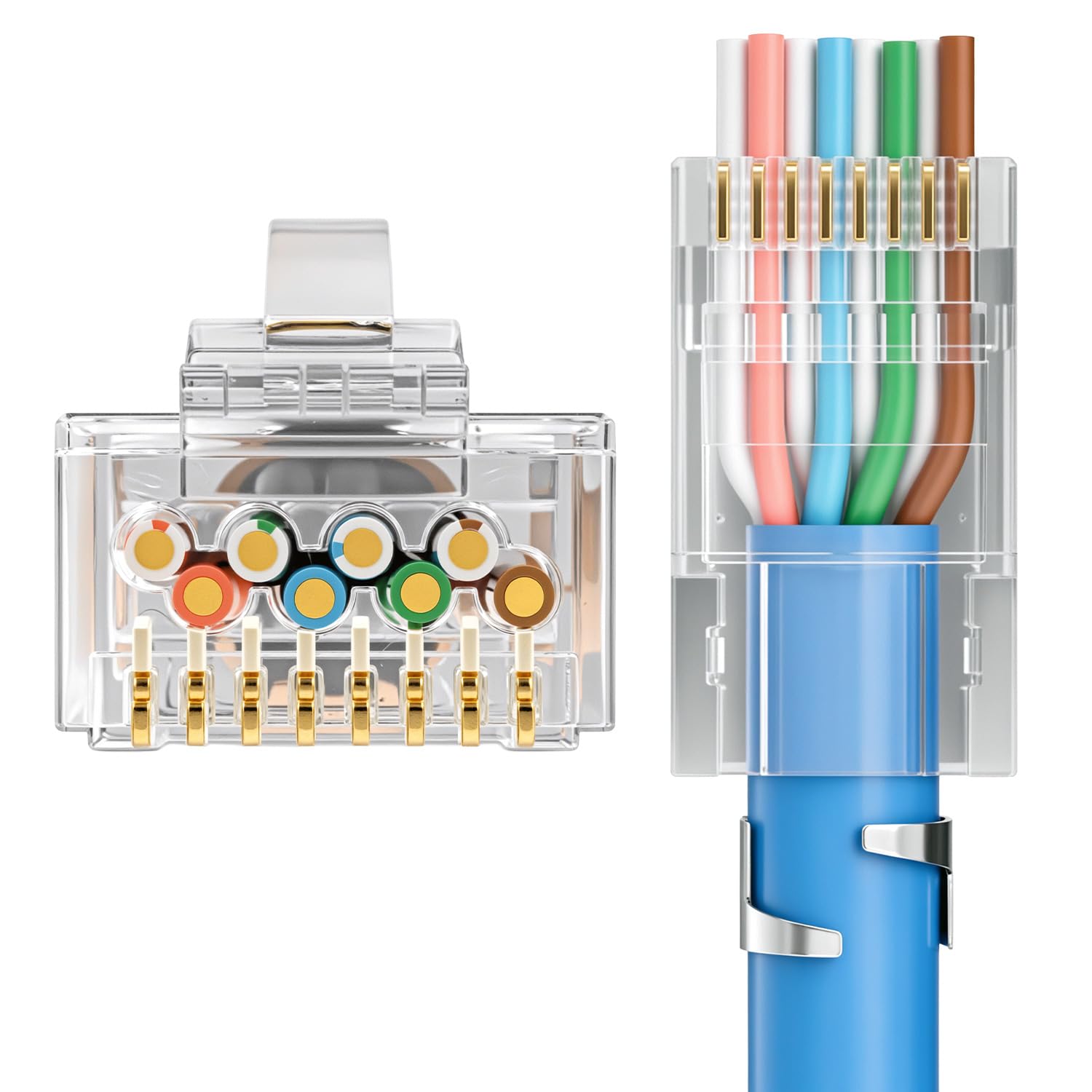 QWORK® Set di strumenti di rete – Pinza crimpatrice Pass Through RJ45 per Cat7, Cat6, Cat5, inclusi tester cavi LAN e accessori