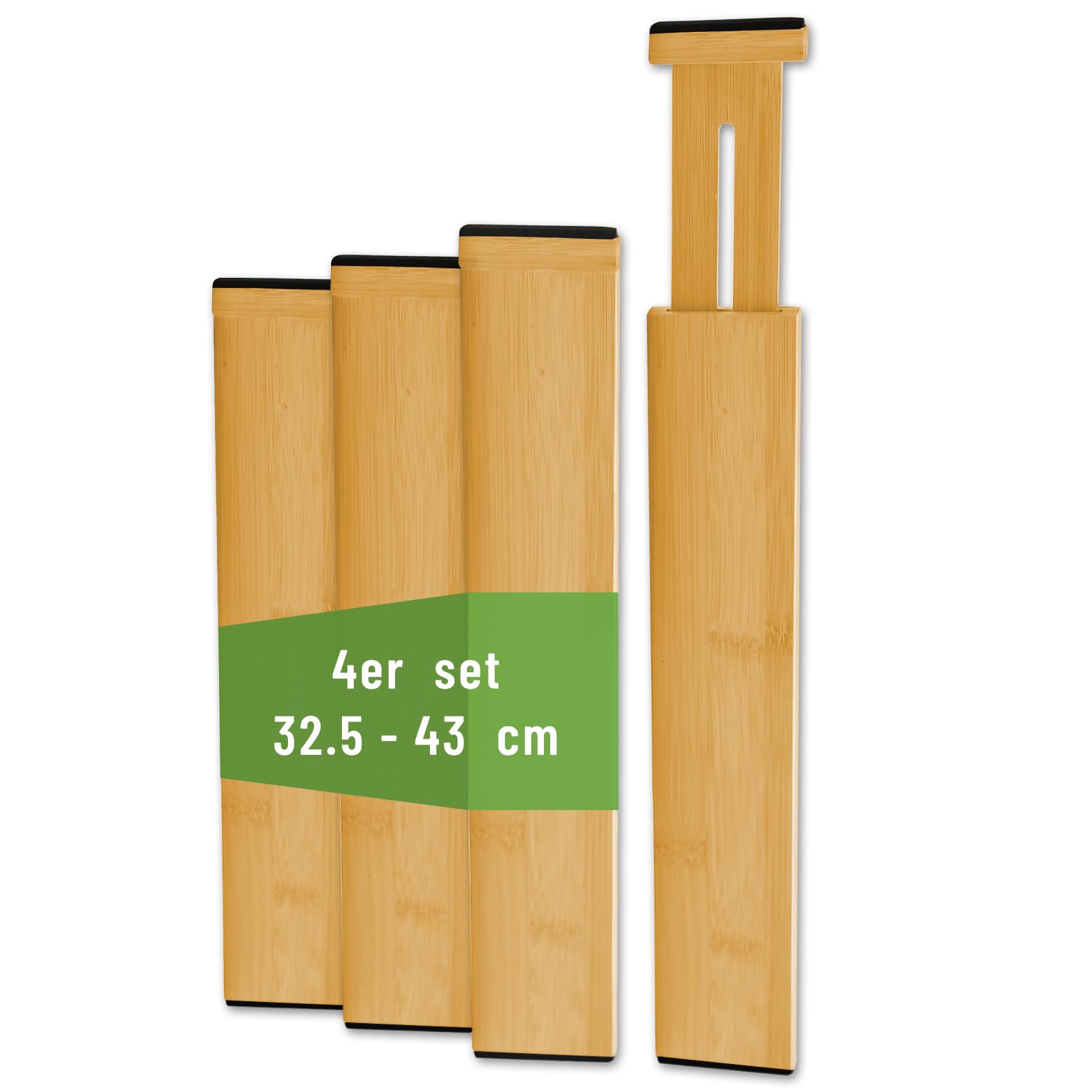 Zestaw 4 bambusowych separatorów do szuflad 43–56 cm – organizer do szuflad z antypoślizgowymi końcami – regulowany rozdzielacz szuflad do kuchni, łazienki, biura i sypialni
