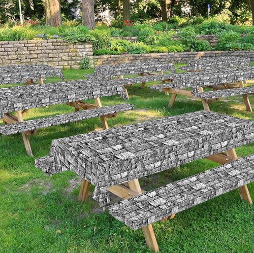 Image of party greeting Brick Stone Wall Tablecloth Roll Disposable Stone Wrapping Plastic Table Cover Castle Backdrop for Halloween Western Birthday Medieval Party Decoration Favors Supplies 100FT x 51 Inch