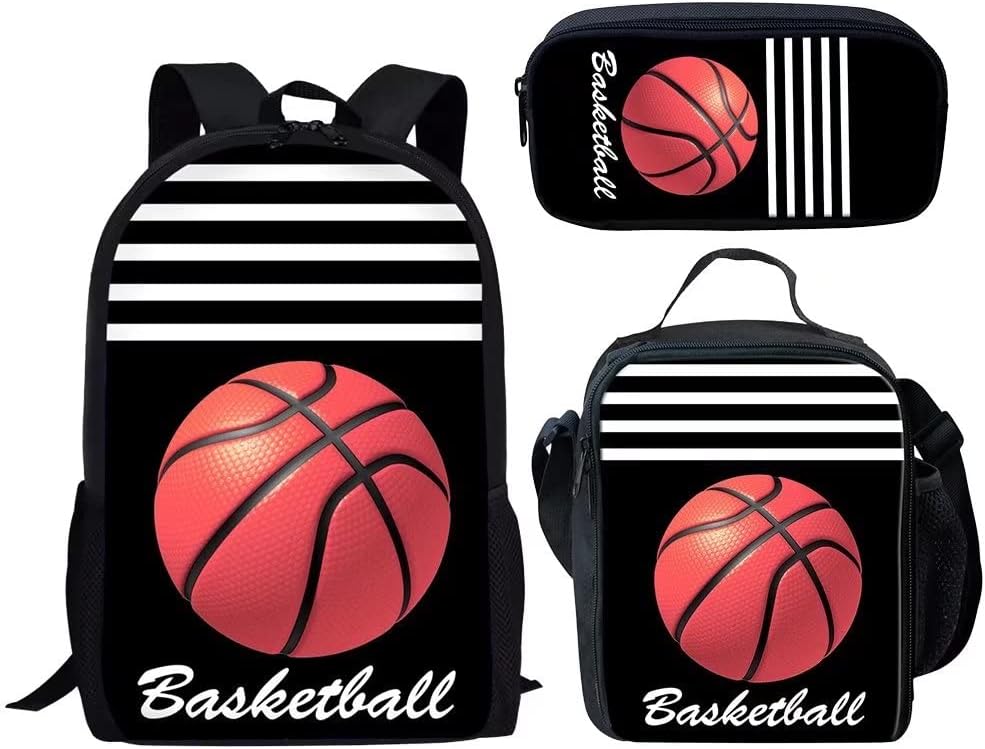 AmzPrint Elementary School Boys Girls Kids 3pcs Basketball Backpacking Set 17 Inch Students Backpack Lunch Box Pencil Bag Set