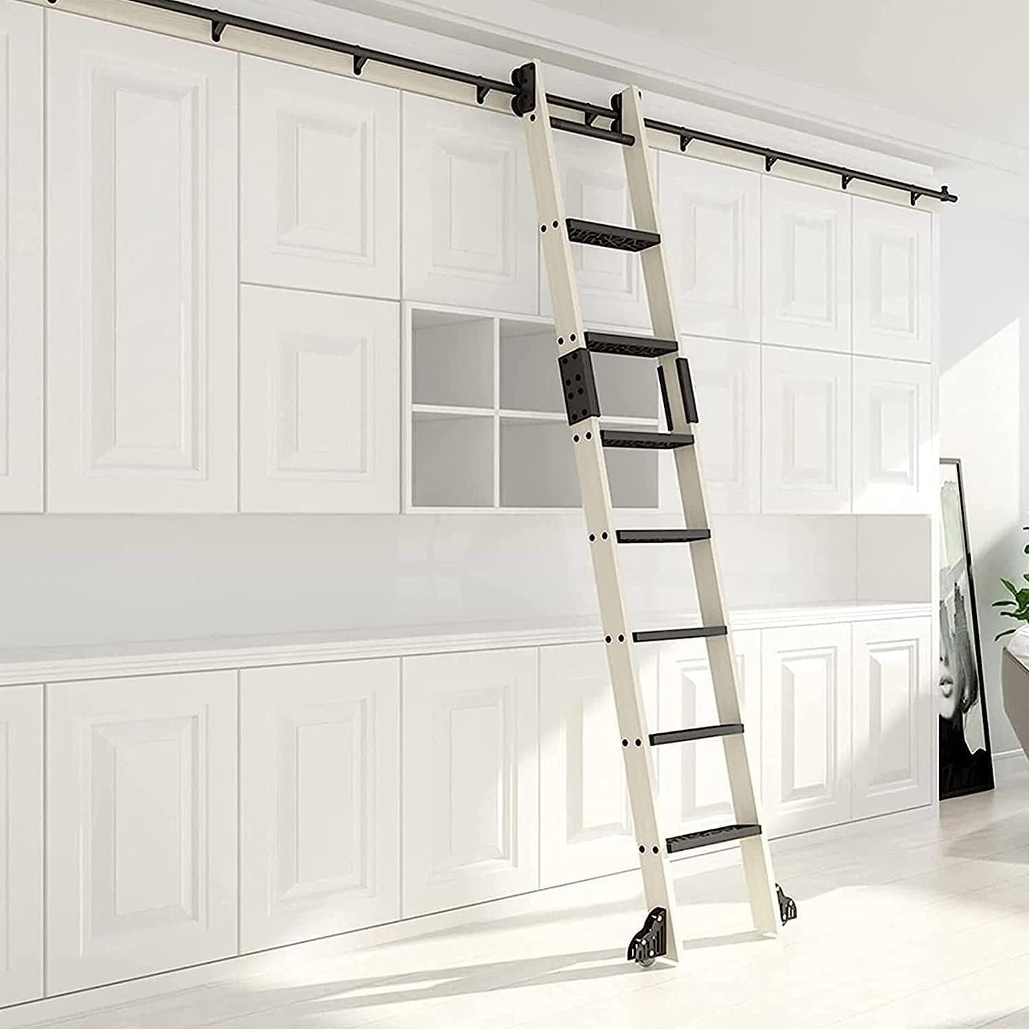 Rolling Library Sliding Ladder Hardware Kit - Sliding Barn Door Track Hardware Accessories, Mobile Ladder Rail Accessories, Carbon Steel Round Rails, (with Floor Rollers)