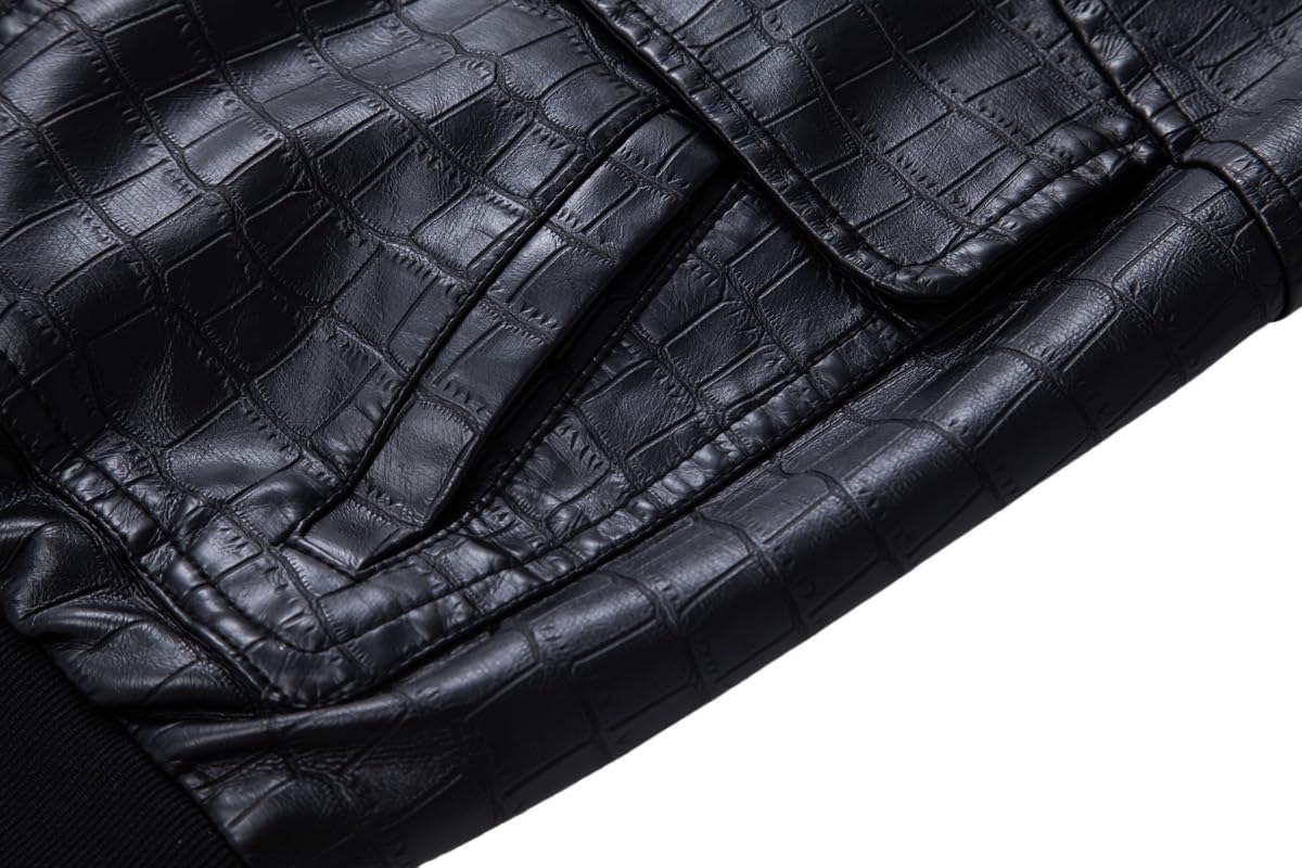 Men's Faux Leather Coat Crocodile Texture Bomber Military Aviation Style Water Resistant Multiple Pockets Casual Wear