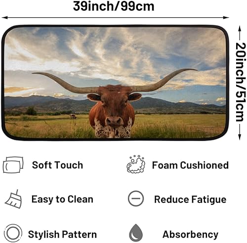 Miniatura 2 de Longhorn Steer - Tapetes de cocina acolchados antifatiga, antideslizantes, lavables, para el hogar, oficina, fregadero y lavandería, 39 x 20 pulgadas