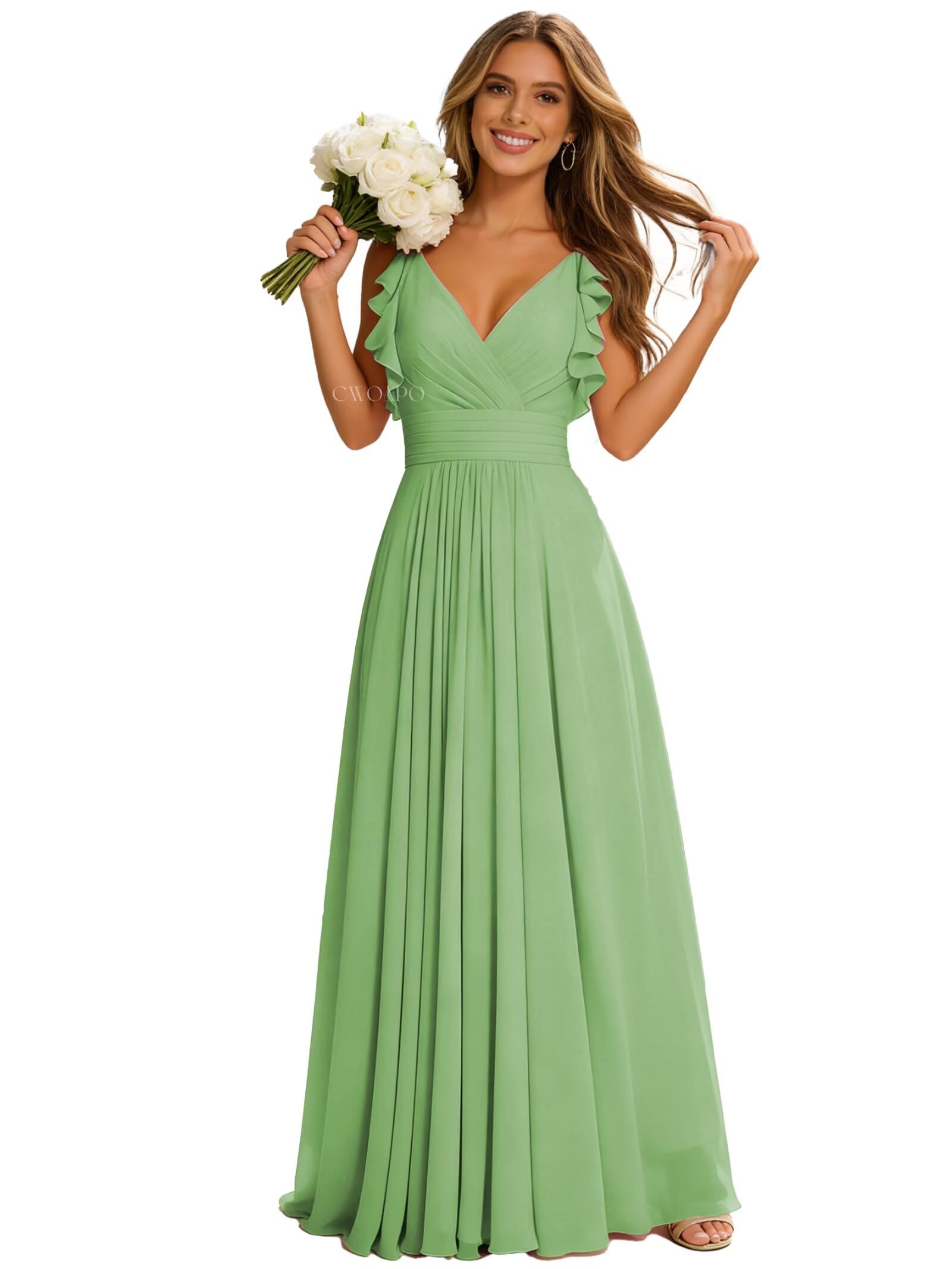 CWOAPO Dusty Sage Plus Size Bridesmaid Dresses for Women Ruffle Pleated Chiffon A Line Empire Waist Formal Dress V-Neck Evening Gown US22W